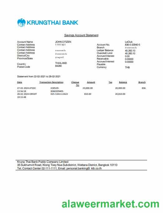 Thailand Krungthai bank statement Word and PDF template